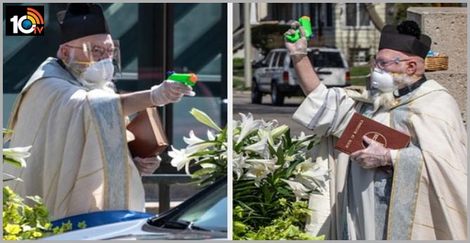 America church priest squirts water from a toy gun