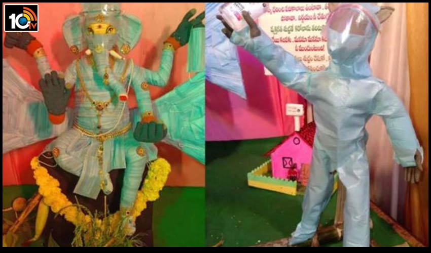 corona-messaging-gganapati-with-masks-and-ppe-kits-and-sanitizer-in-vizag-tatichetlapalem